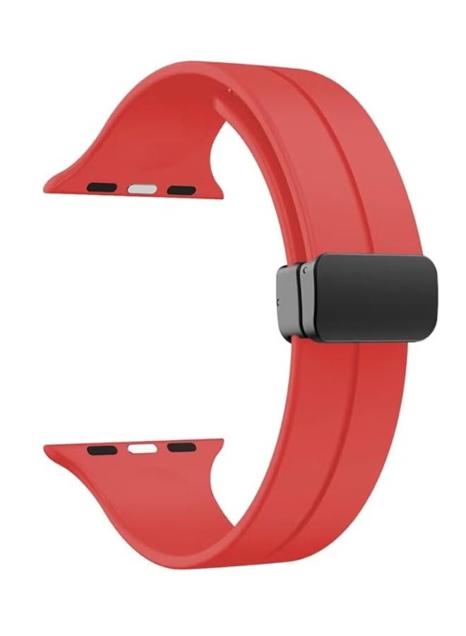 Replacement silicone sports wristband, black, with a magnetic D-shaped clasp 42/44/45/49mm, compatible with Apple Watch series SE/11/10/9/8/7/6/5/4/3 - Red - Image 1